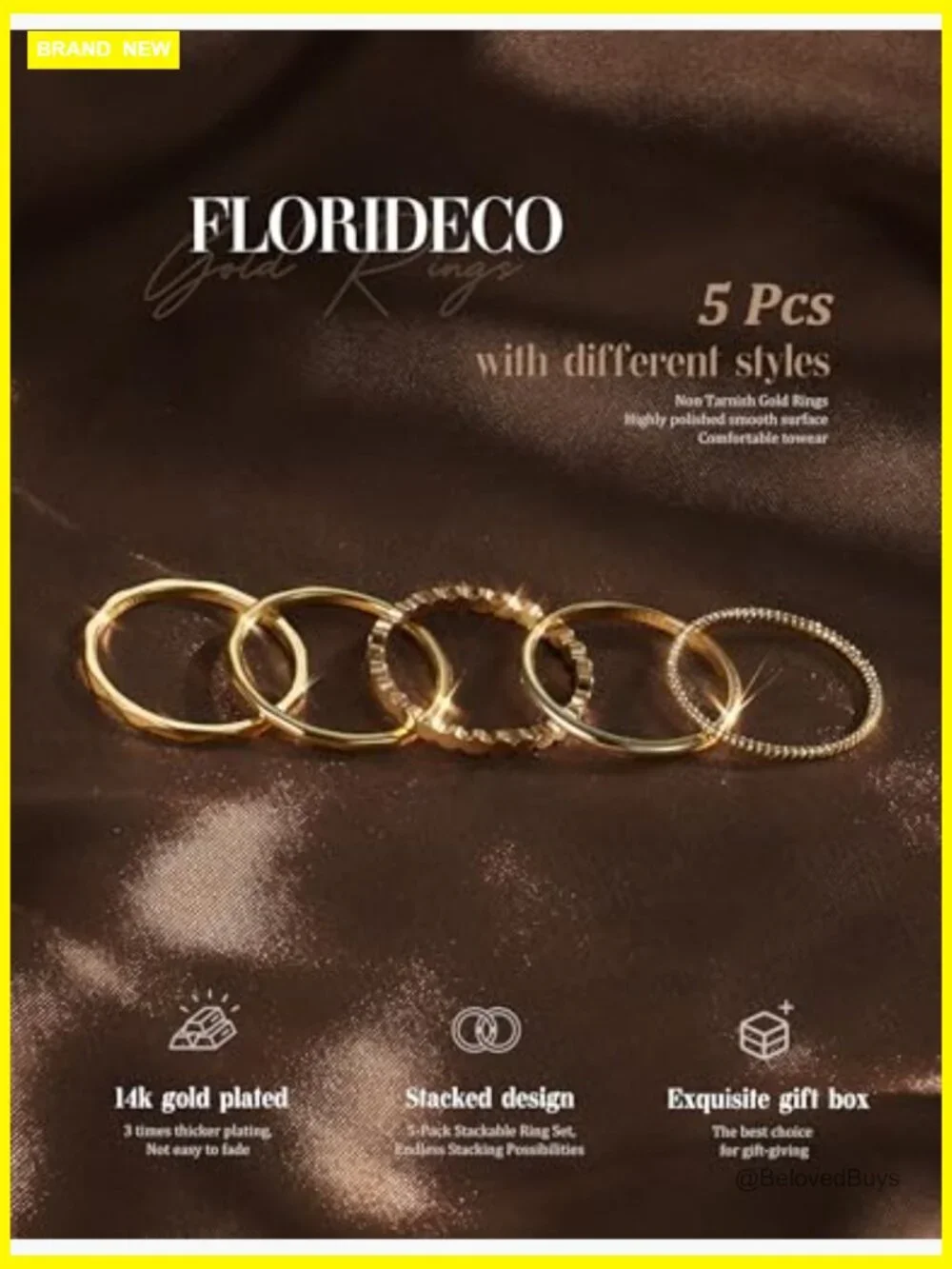 5-Piece 14K Gold Plated Stackable Rings Set Thin Dainty Sizes 5-10 Non Tarnish